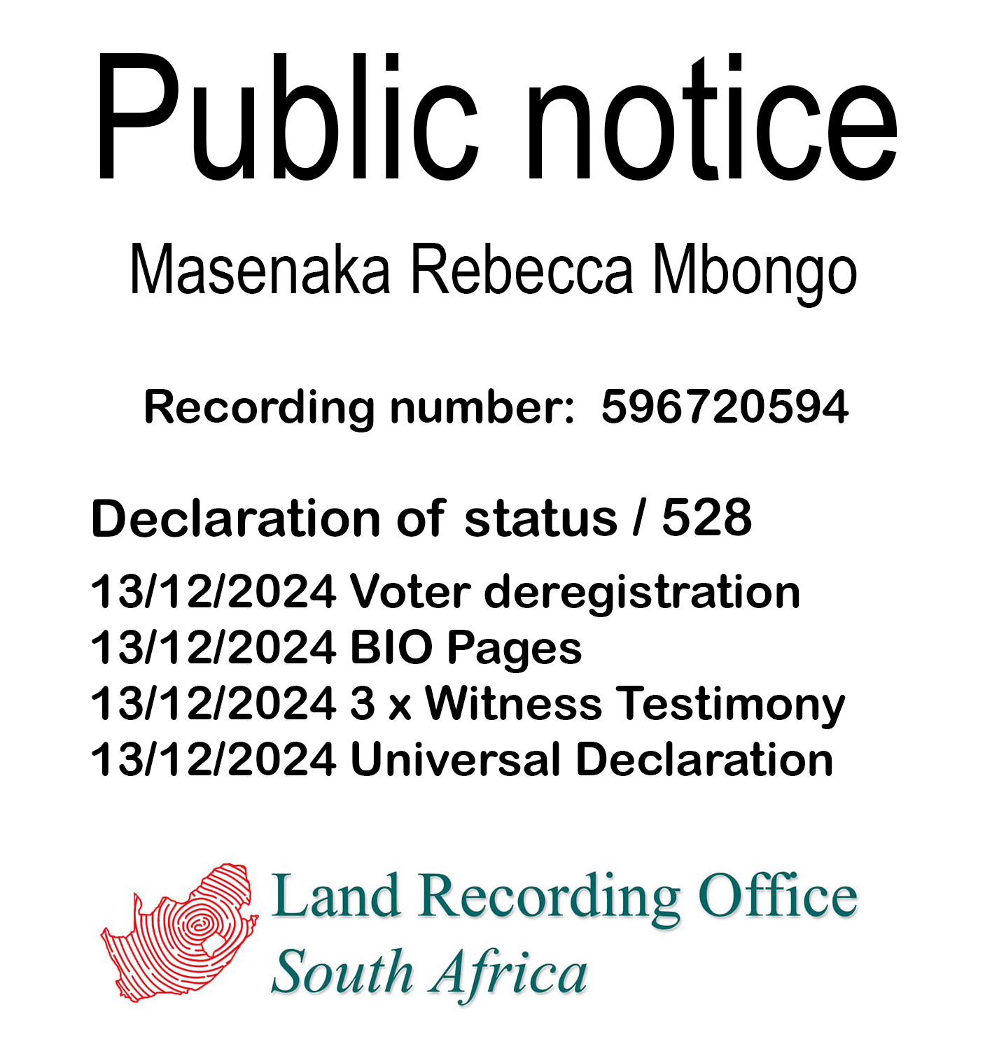 Public notice Masenaka Rebecca Mbongo Recording number 596720594